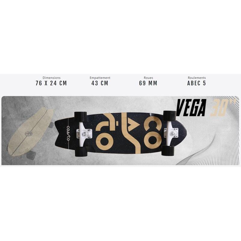 Surfskate Vega 30" 76x24 cm noir - Skateboard - Wheelbase 43cm - Ahdérent