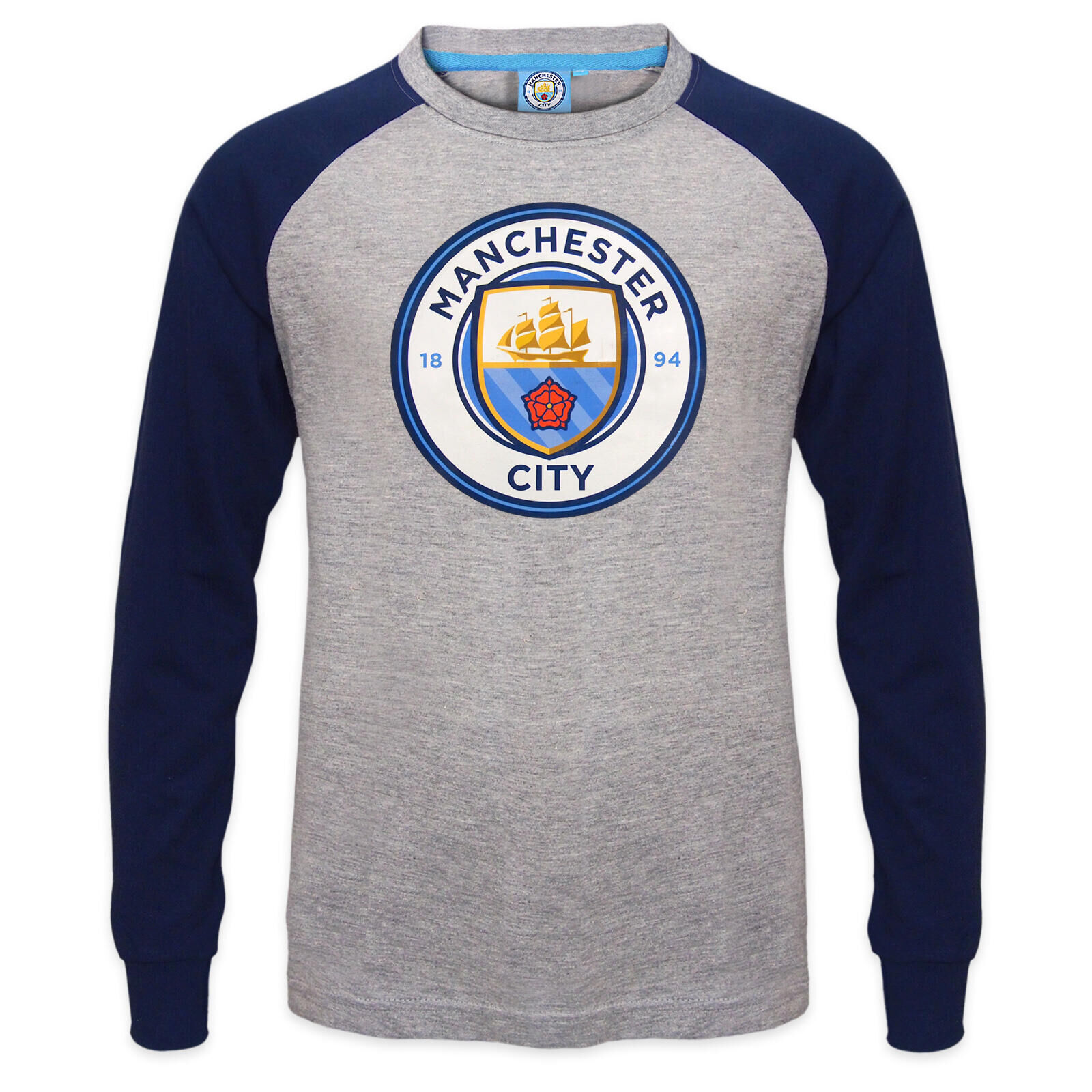 MANCHESTER CITY Manchester City Boys T-Shirt Long Sleeve Crest Kids OFFICIAL Football Gift