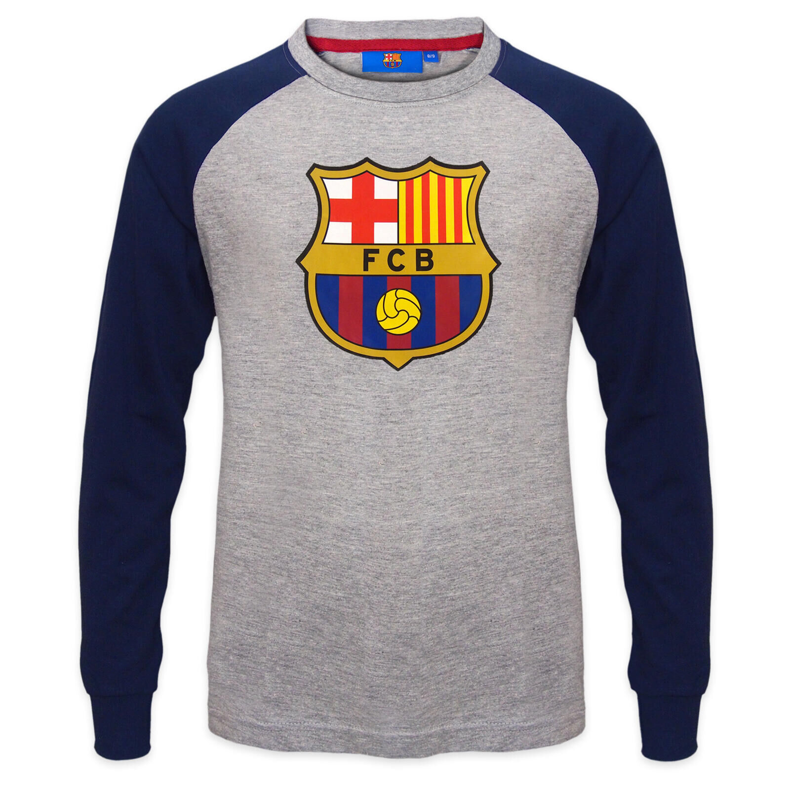 FC BARCELONA FC Barcelona Boys T-Shirt Long Sleeve Crest Raglan Kids OFFICIAL Football Gift