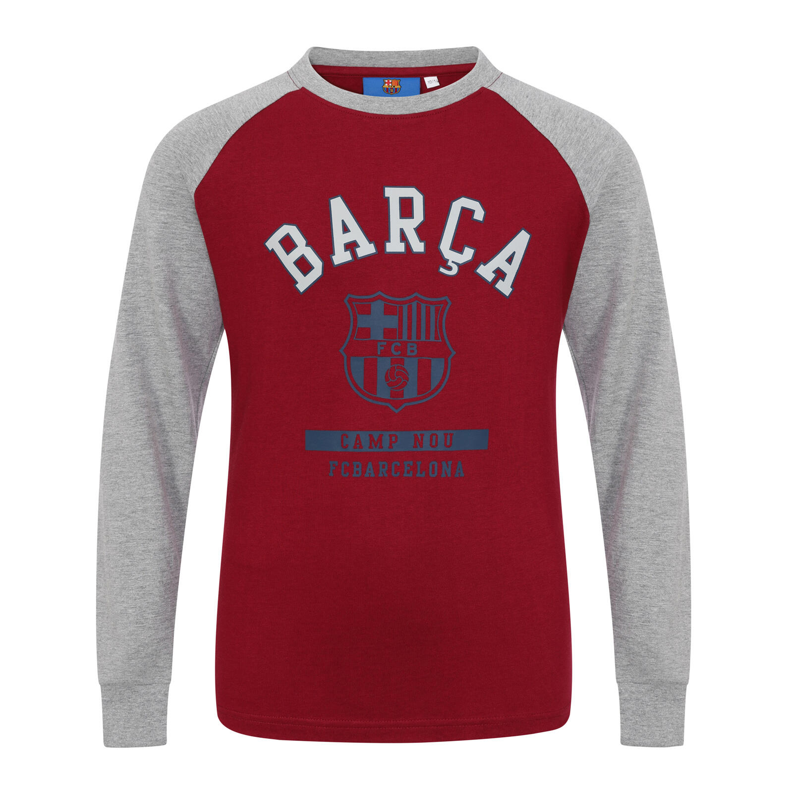 FC Barcelona Boys T-Shirt Long Sleeve Crest Raglan Kids OFFICIAL Football Gift 1/2
