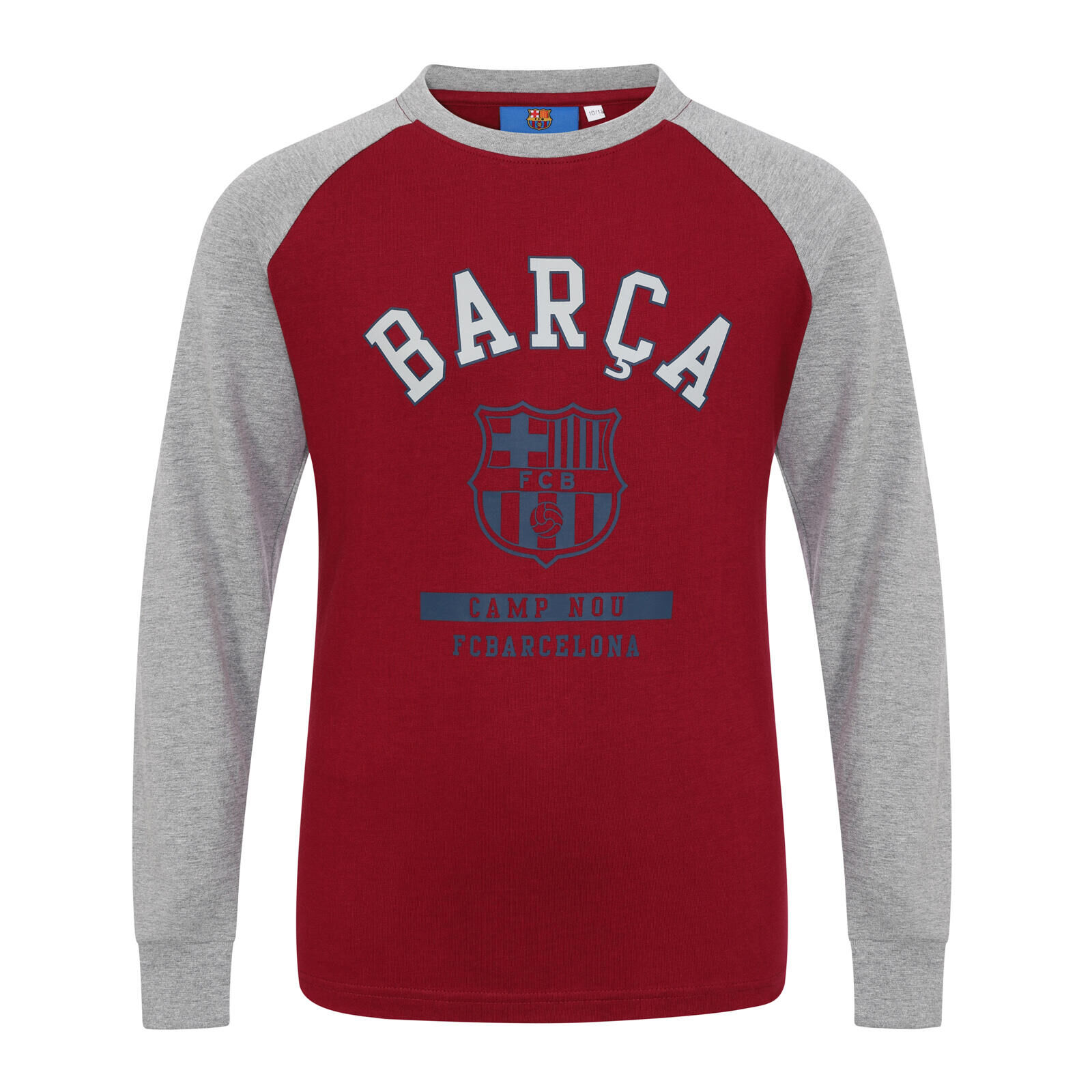 FC BARCELONA FC Barcelona Boys T-Shirt Long Sleeve Crest Raglan Kids OFFICIAL Football Gift