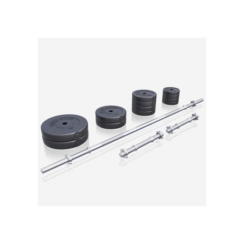 SET D'HALTÈRES 60KG | DISQUES PLASTIQUE + BARRES 2X35CM ET 1X170CM | MUSCULATION 2