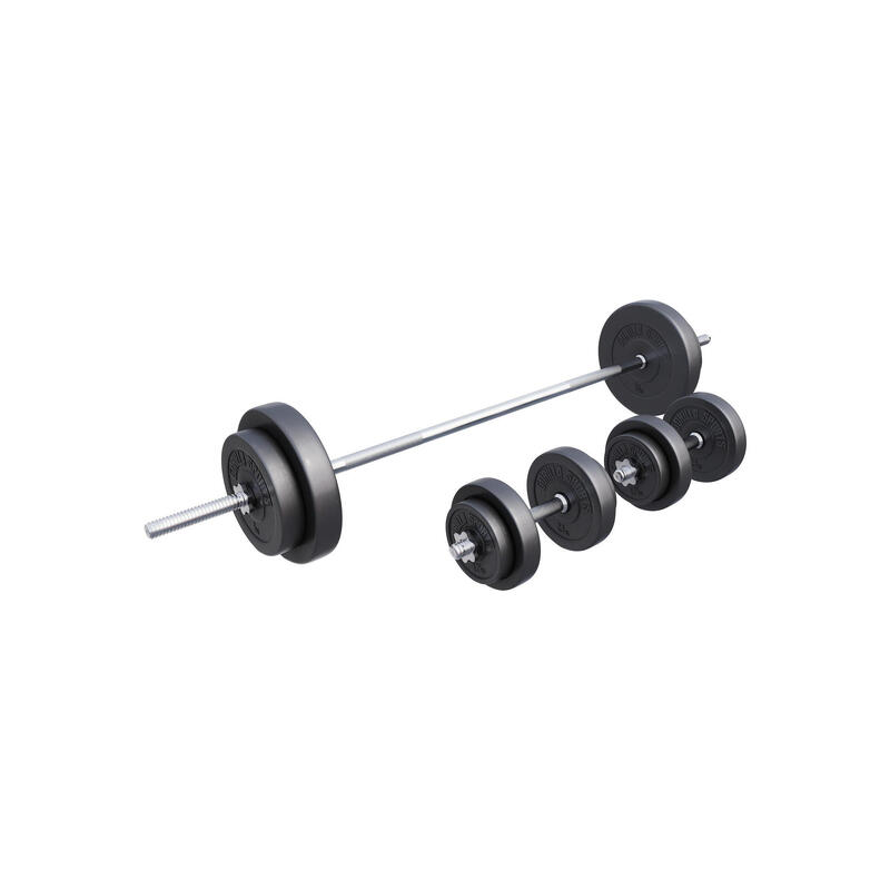 SET D'HALTÈRES 60KG | DISQUES PLASTIQUE + BARRES 2X35CM ET 1X170CM | MUSCULATION