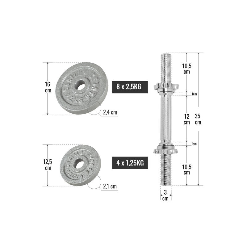 Set de 2 gantere cu discuri din fonta Argintiu 30 KG