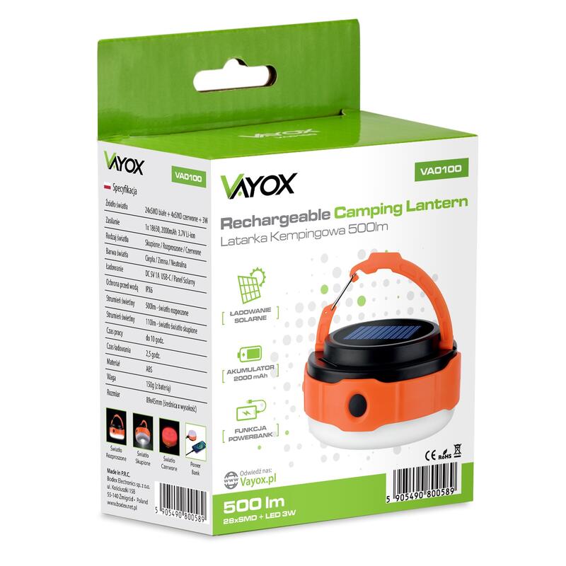 Vayox VA0100 campingzaklamp 500lm, oplaadbaar, powerbank, zonnepaneel