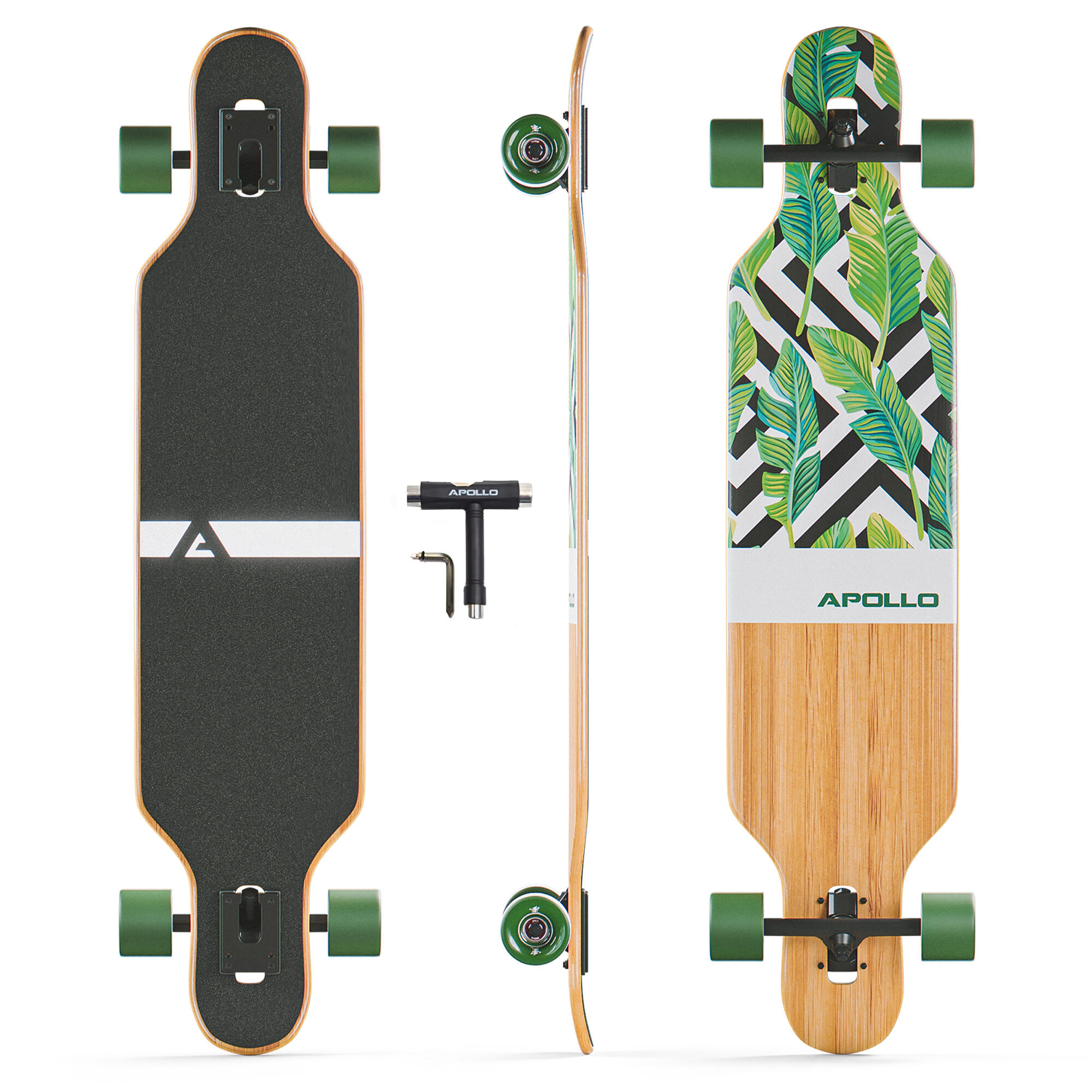 Apollo - Longboard 39" Édition Spéciale Complet, Roulements Abec High Speed, Drop-through - Longboard Skate - Marron|vert - Decathlon