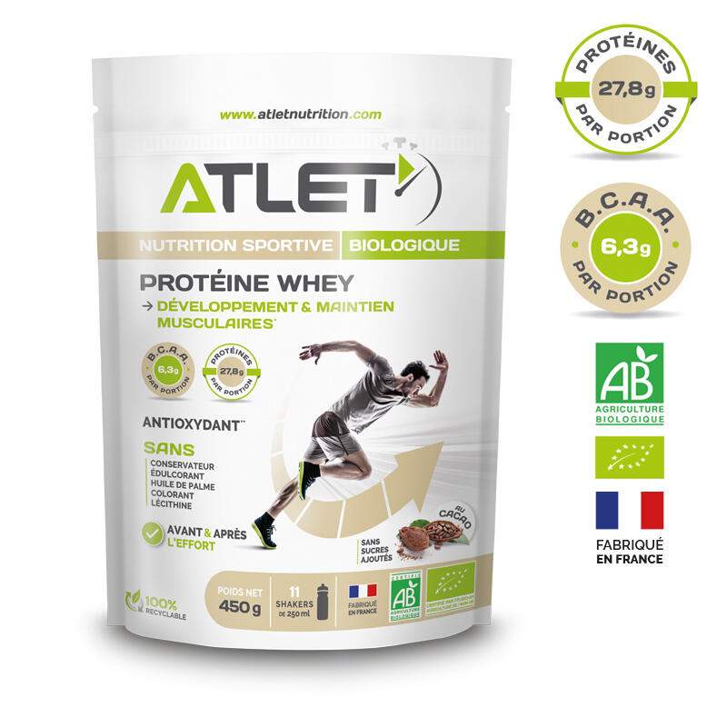 Proteine del siero di latte al cacao bio 450g Atlet