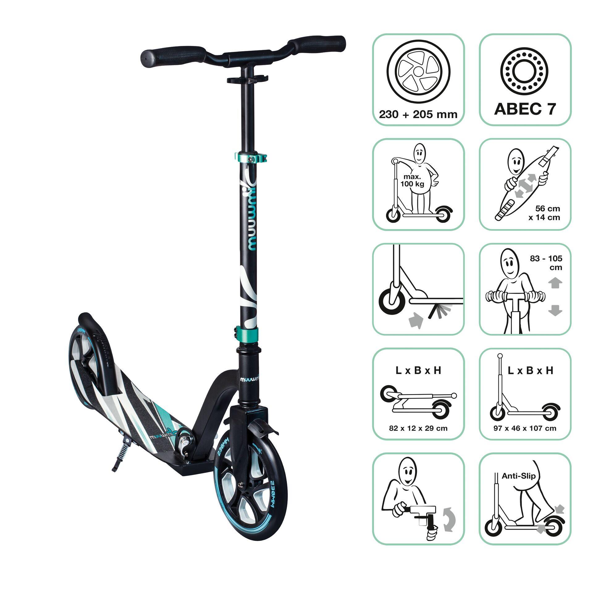 MUUWMI muuwmi Aluminium Scooter Pro 230/205 mm schwarz-türkis