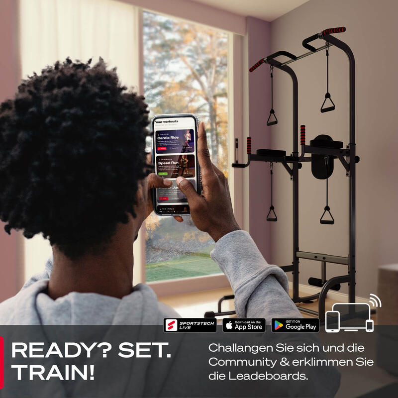 Sportstech PT300 Power Tower, 7-in-1 Home Gym Tools, Pull-Ups and Dip Bars