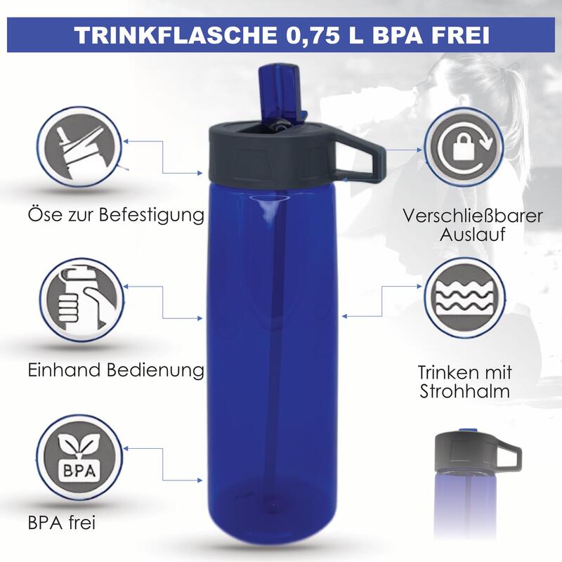 Trinkflasche BPA Frei Flasche für Sport Freizeit 0,75 L mit Trinkhalm