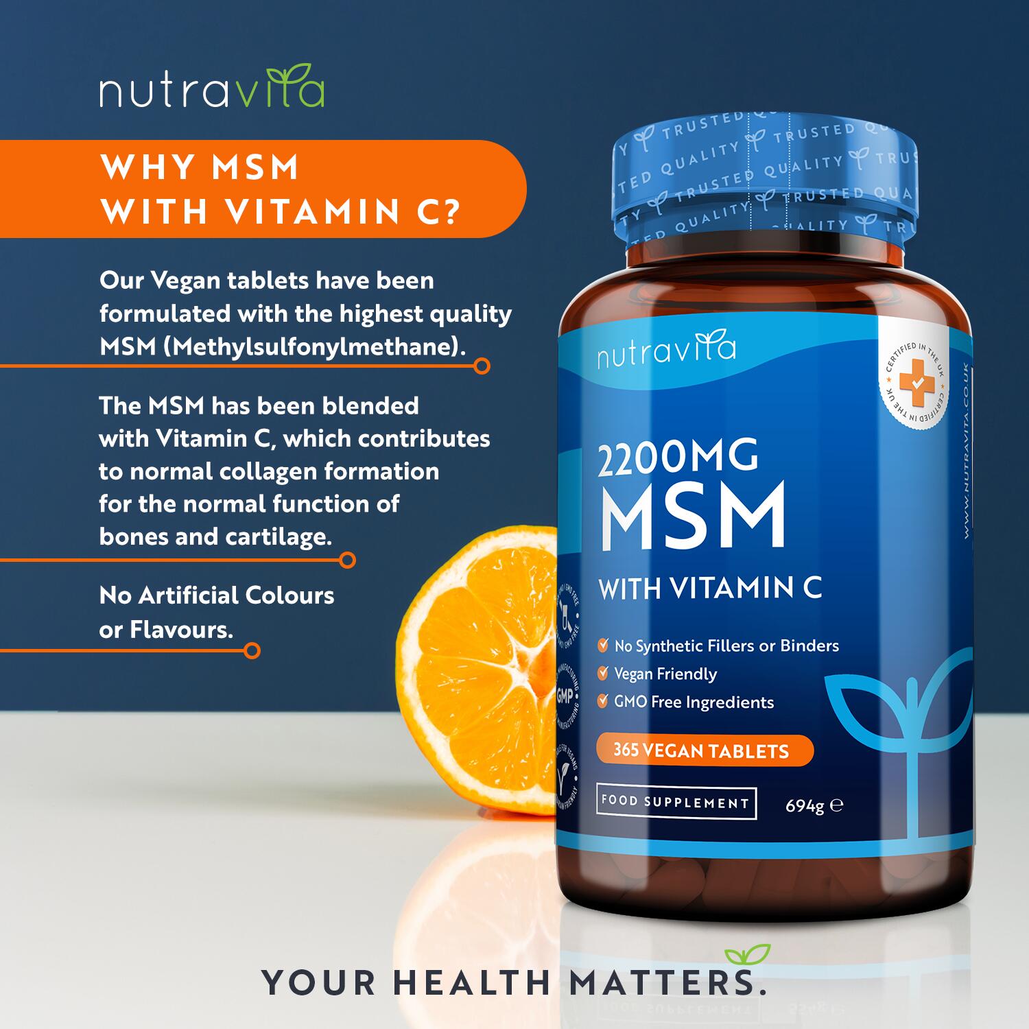 MSM with Vitamin C contributes to collagen formation for the function of bones. 2/6