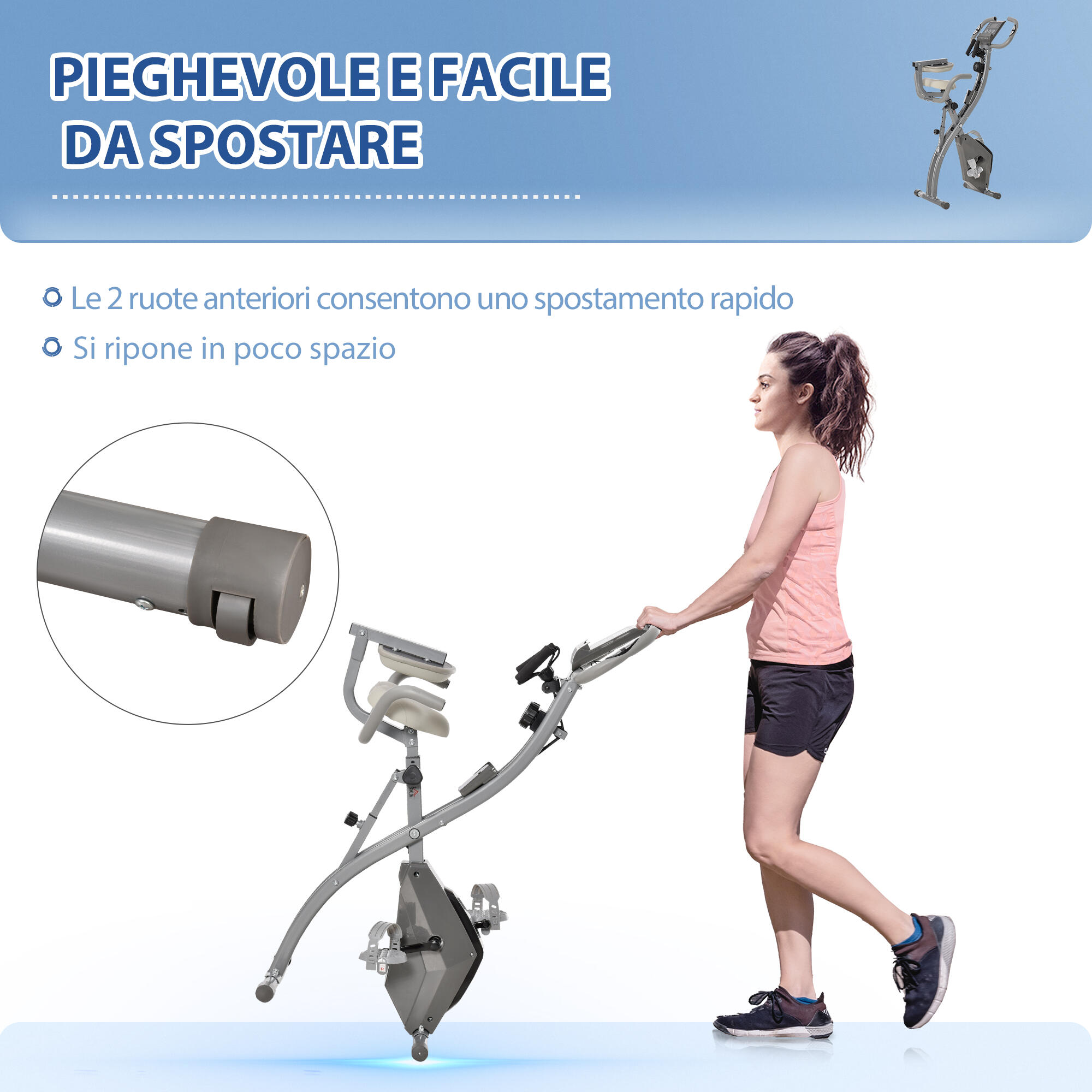 HOMCOM Cyclette Pieghevole 2 in1 con Elastici per Braccia e Resistenza 8 Livelli 7/8