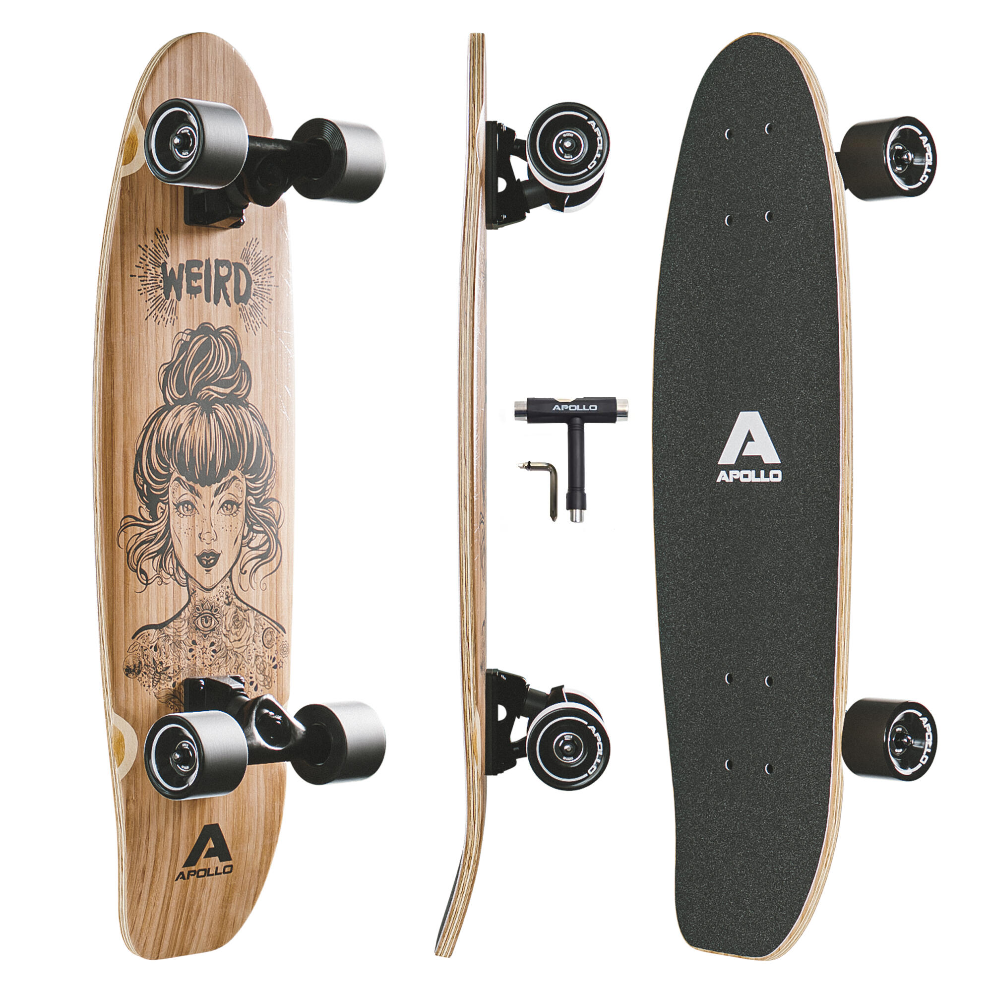 Apollo - Mini Long Cruiser Vintage, 70cm, Roulements Abec 9, Haute Vitesse, Kicktail - Longboard Skate - Marron|noir - 70 Cm - Decathlon