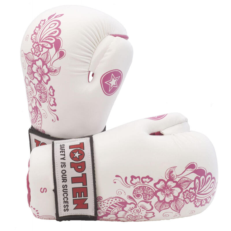 Manusi kickbox “Flowers” pentru femei, omologat WAKO - alb-roz, marime S