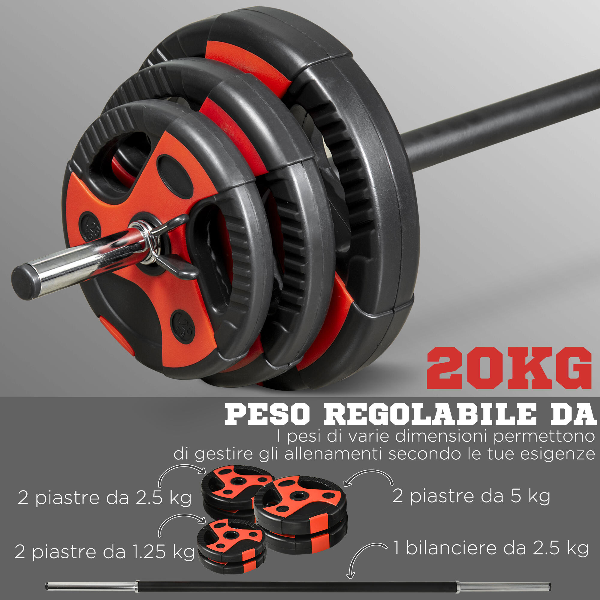 SPORTNOW Set Bilanciere e Pesi da 20kg Nero e Rosso per Sollevamenti e Stacchi 4/7
