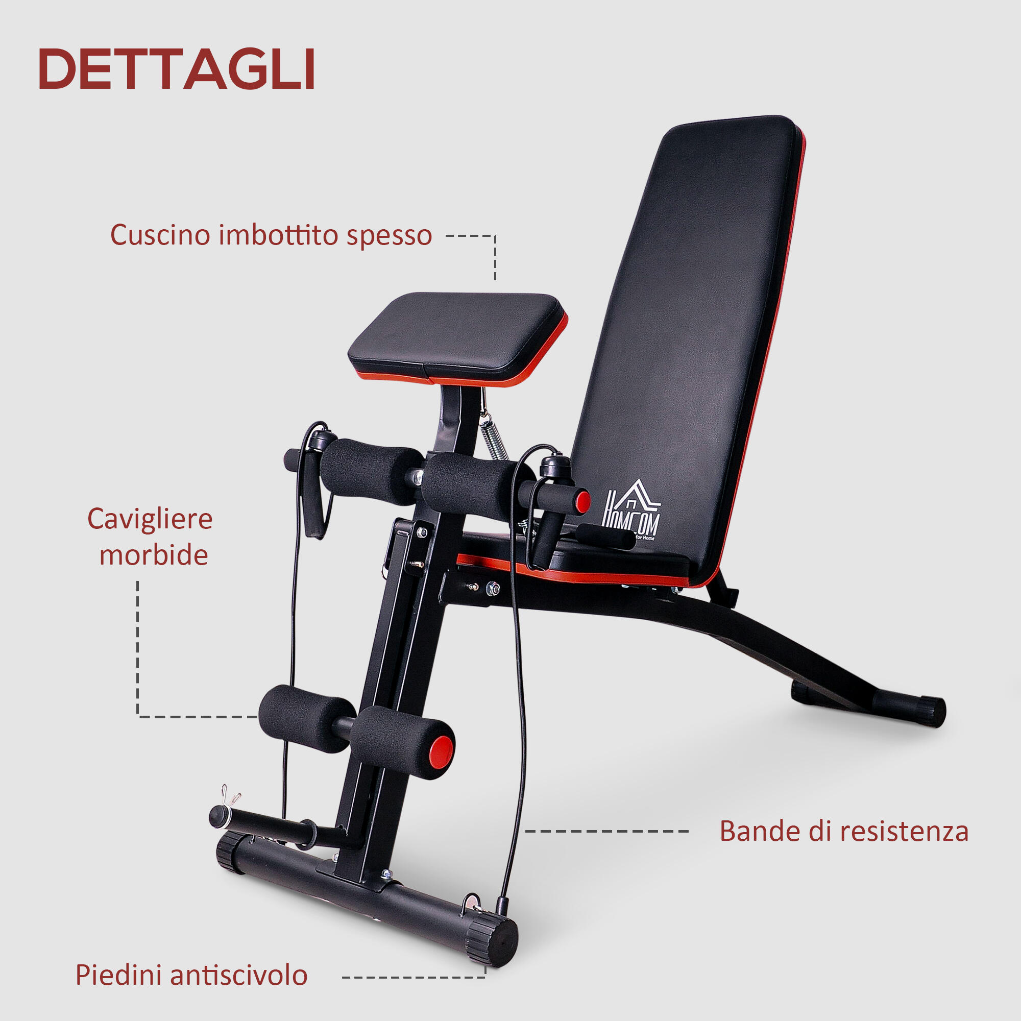 HOMCOM Panca Fitness Inclinata Panca Multifunzione per Addominali Nero e Rosso 7/7