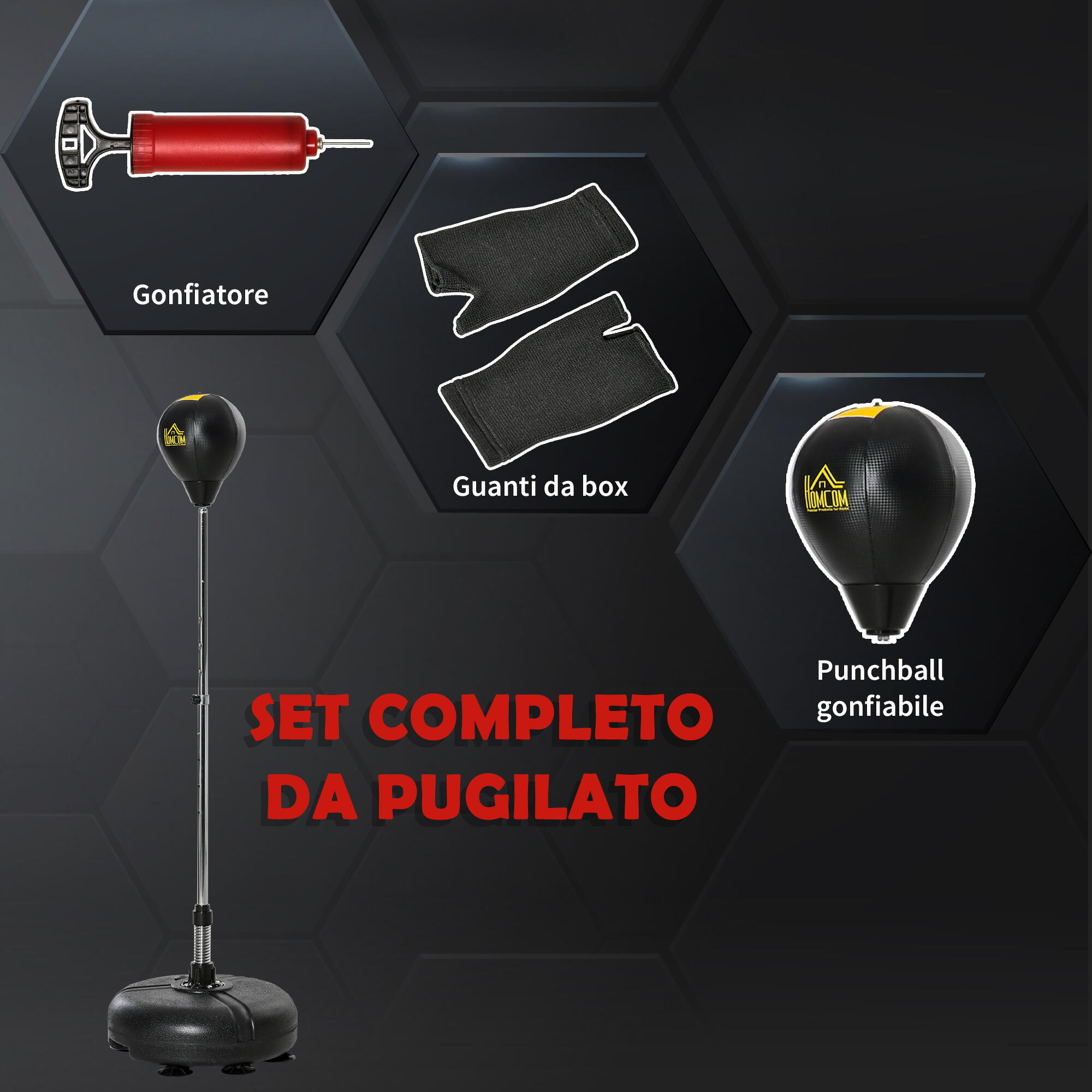 HOMCOM Sacco Boxe da Terra Altezza Regolabile in PE e Metallo Guanti Oro 7/7