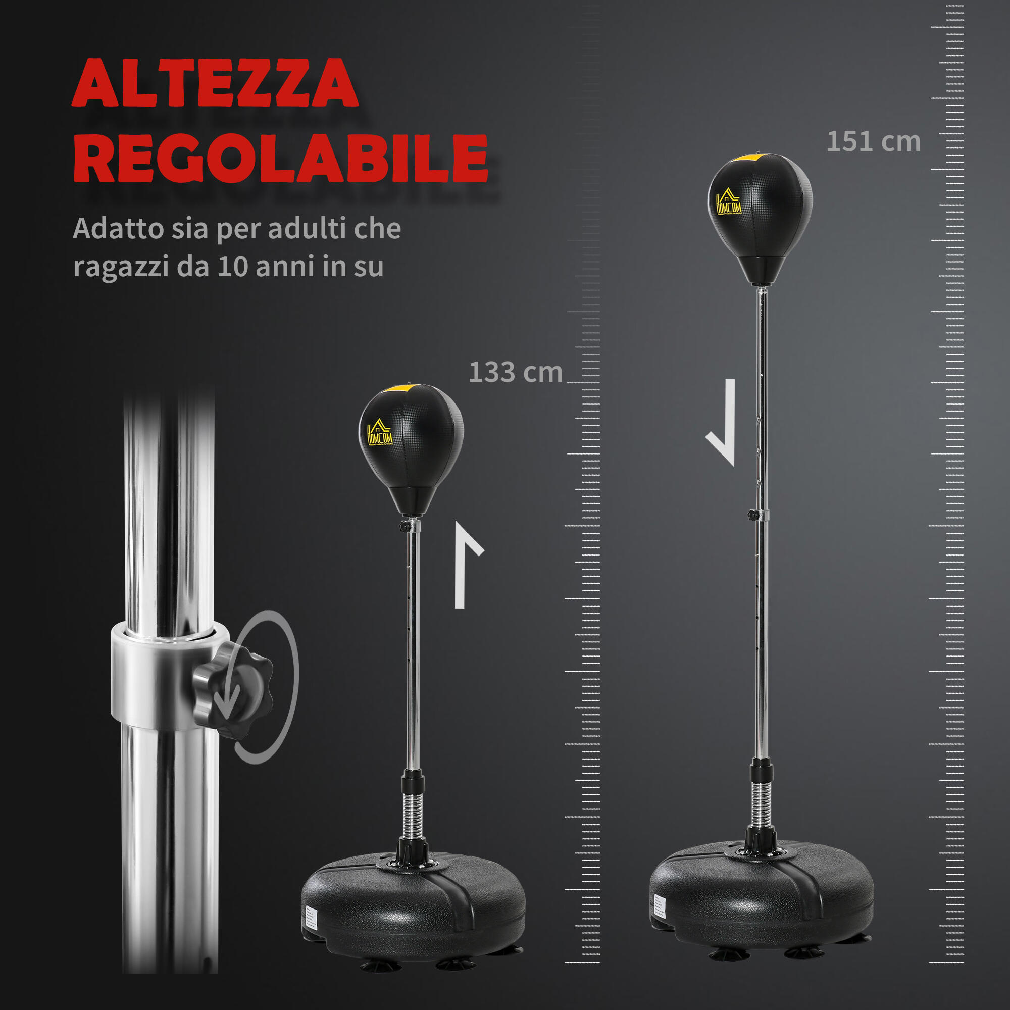 HOMCOM Sacco Boxe da Terra Altezza Regolabile in PE e Metallo Guanti Oro 4/7