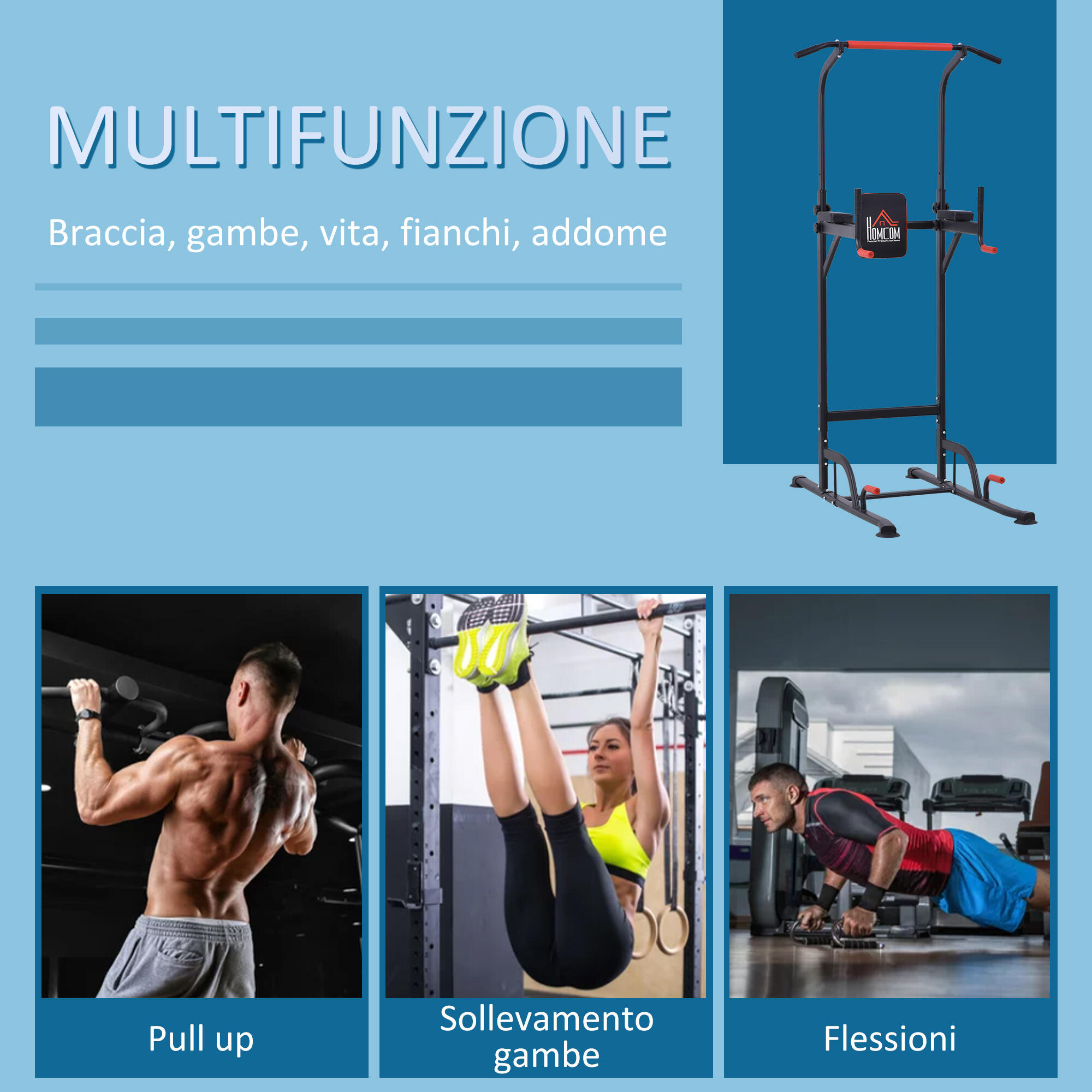 HOMCOM Stazione Fitness Multiuso per Fitness con Altezza Regolabile in Acciaio 4/8