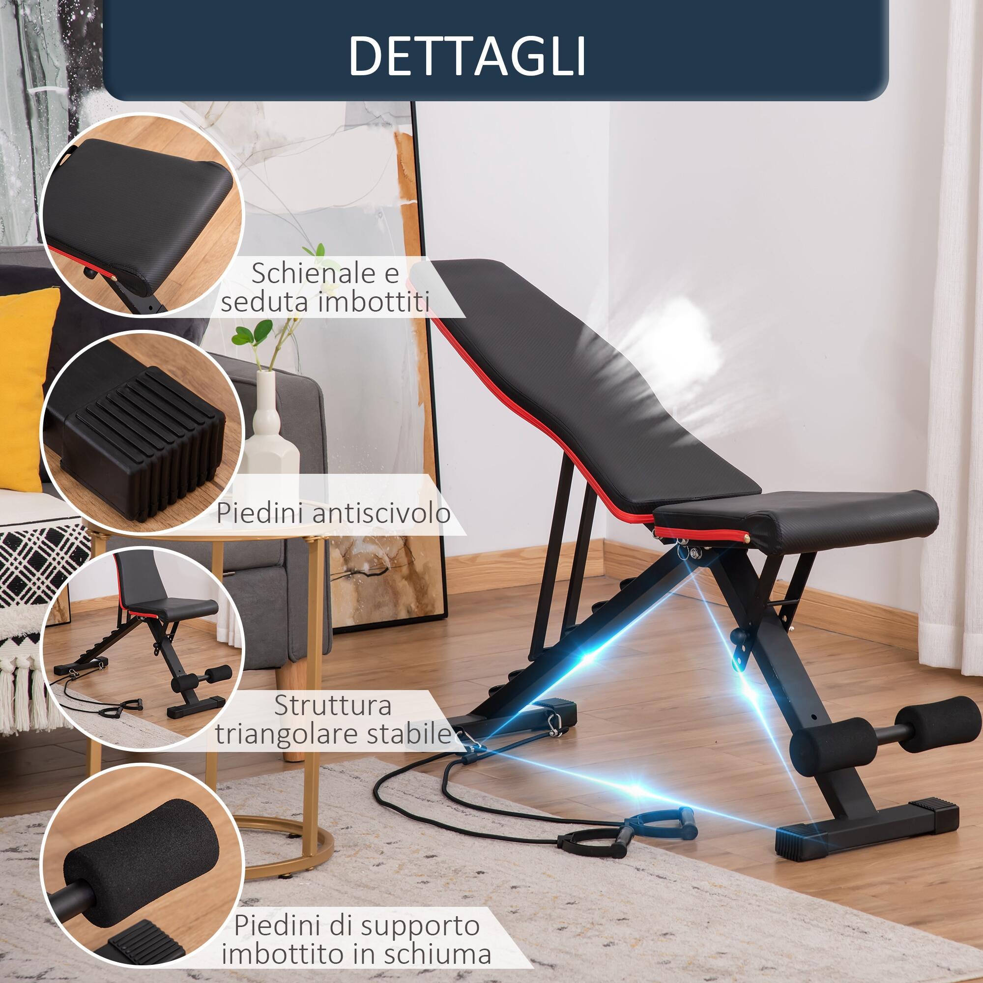 HOMCOM Panca per Addominali e Pesi 2 in 1 Inclinazione Regolabile ed Elastici 7/8