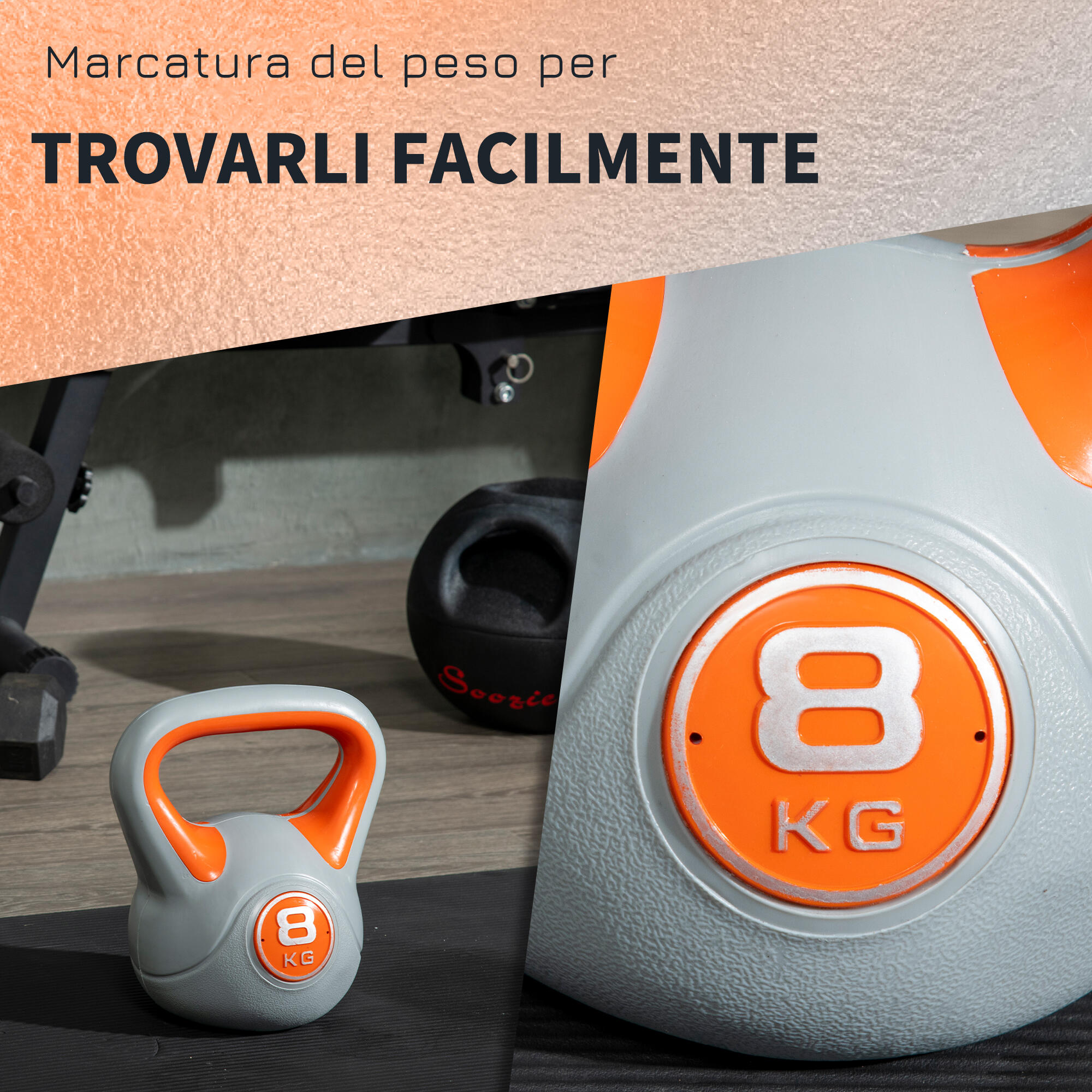SPORTNOW Kettlebell 8kg in PU e Sabbia con Base Piatta e Impugnatura Arancione 5/7