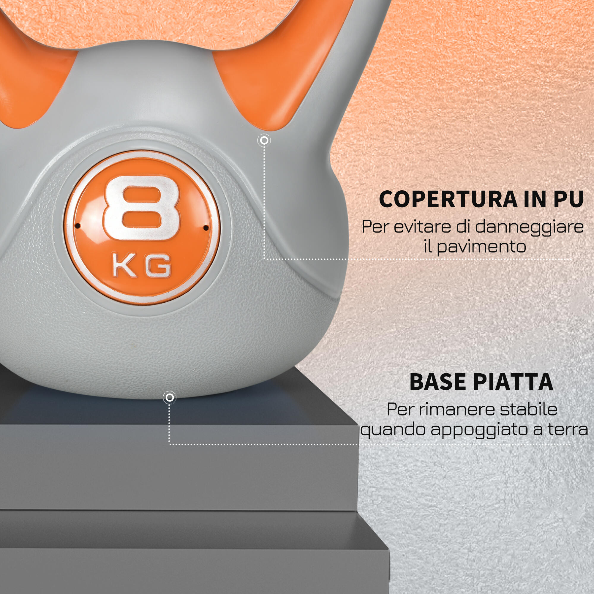 SPORTNOW Kettlebell 8kg in PU e Sabbia con Base Piatta e Impugnatura Arancione 6/7
