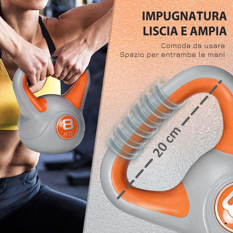 SPORTNOW Kettlebell 8kg in PU e Sabbia con Base Piatta e Impugnatura Arancione