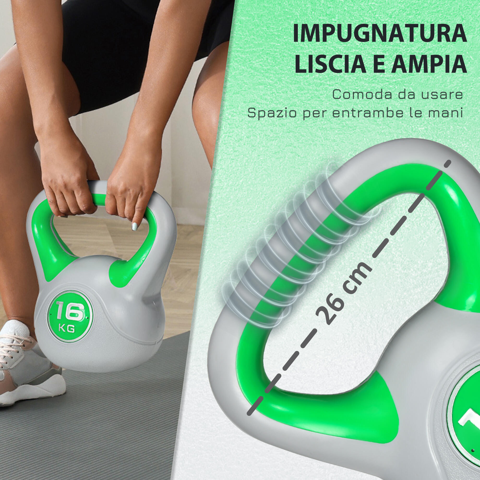 SPORTNOW Kettlebell 16kg in PU e Sabbia con Base Piatta Impugnatura Verde 4/7