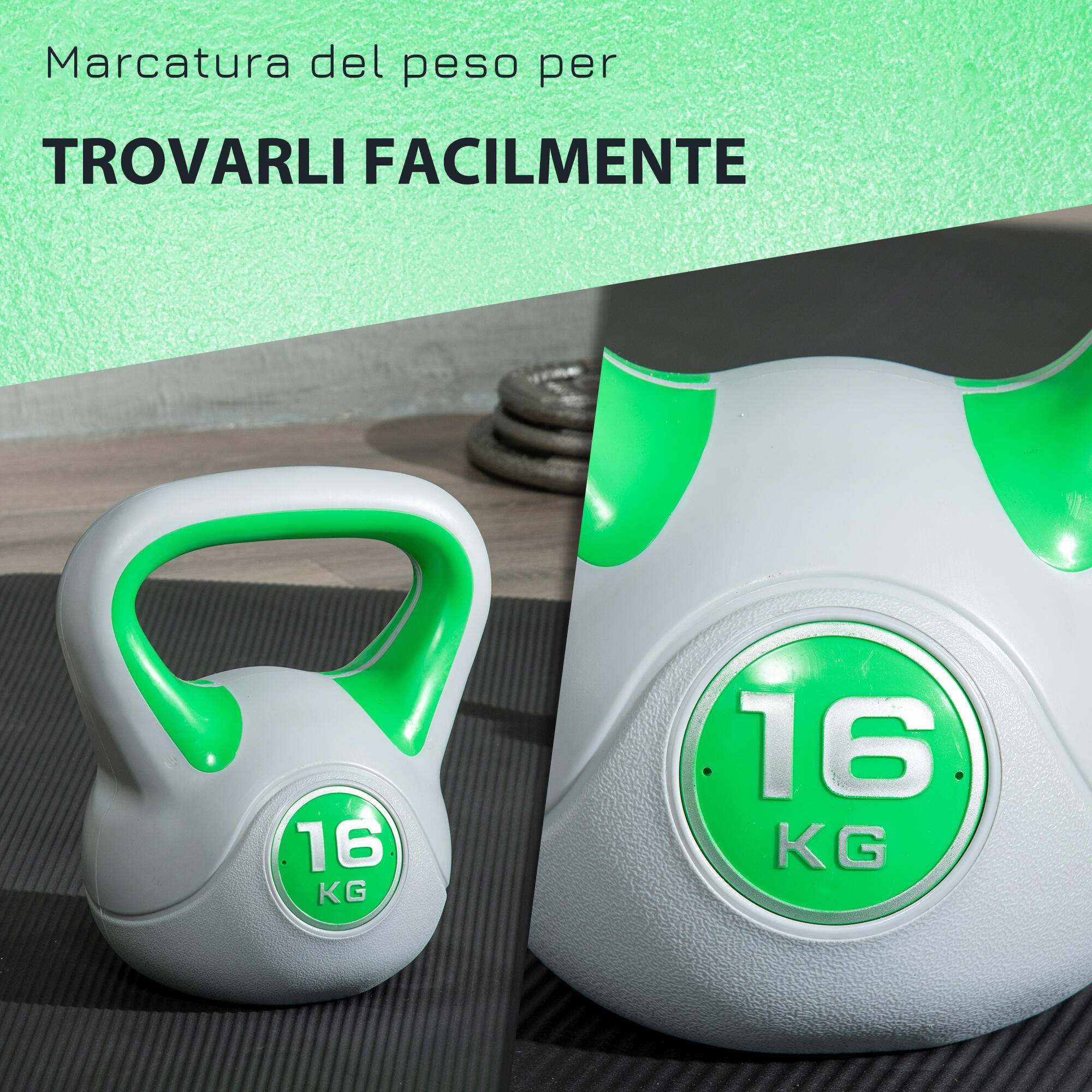 SPORTNOW Kettlebell 16kg in PU e Sabbia con Base Piatta Impugnatura Verde 5/7