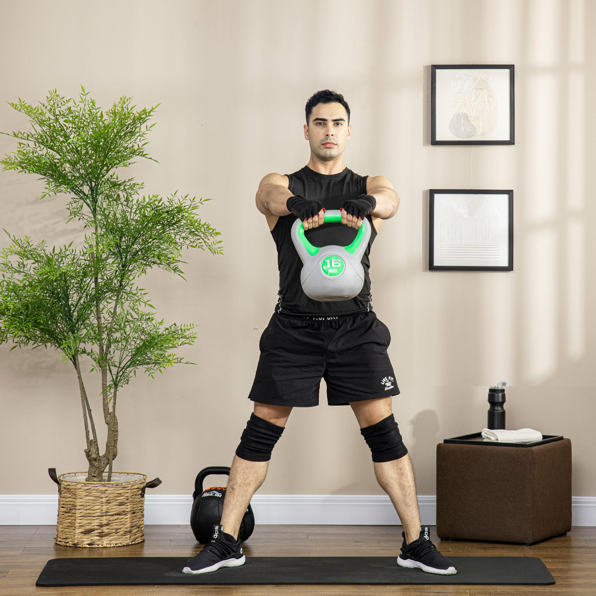 SPORTNOW Kettlebell 16kg in PU e Sabbia con Base Piatta Impugnatura Verde 2/7
