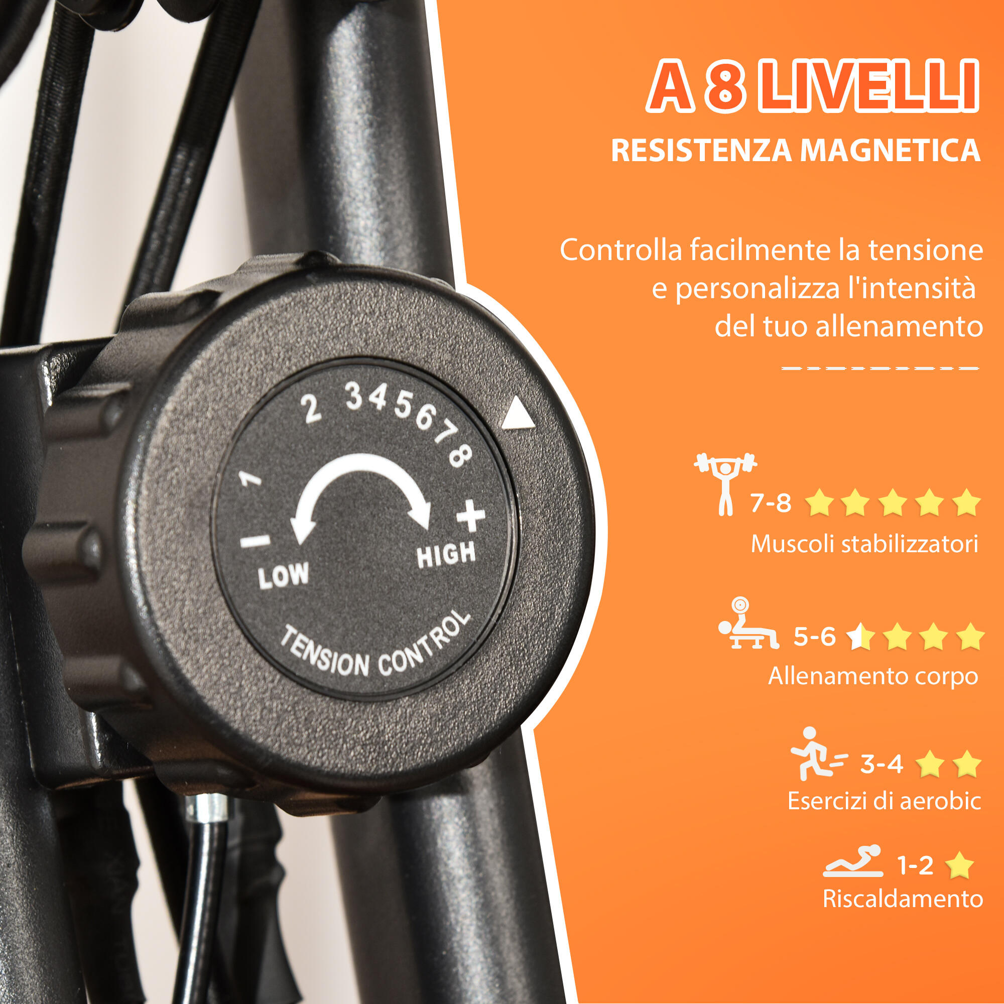 HOMCOM Cyclette Pieghevole 2 in1 con Elastici per Braccia e Resistenza 8 Livelli 6/8
