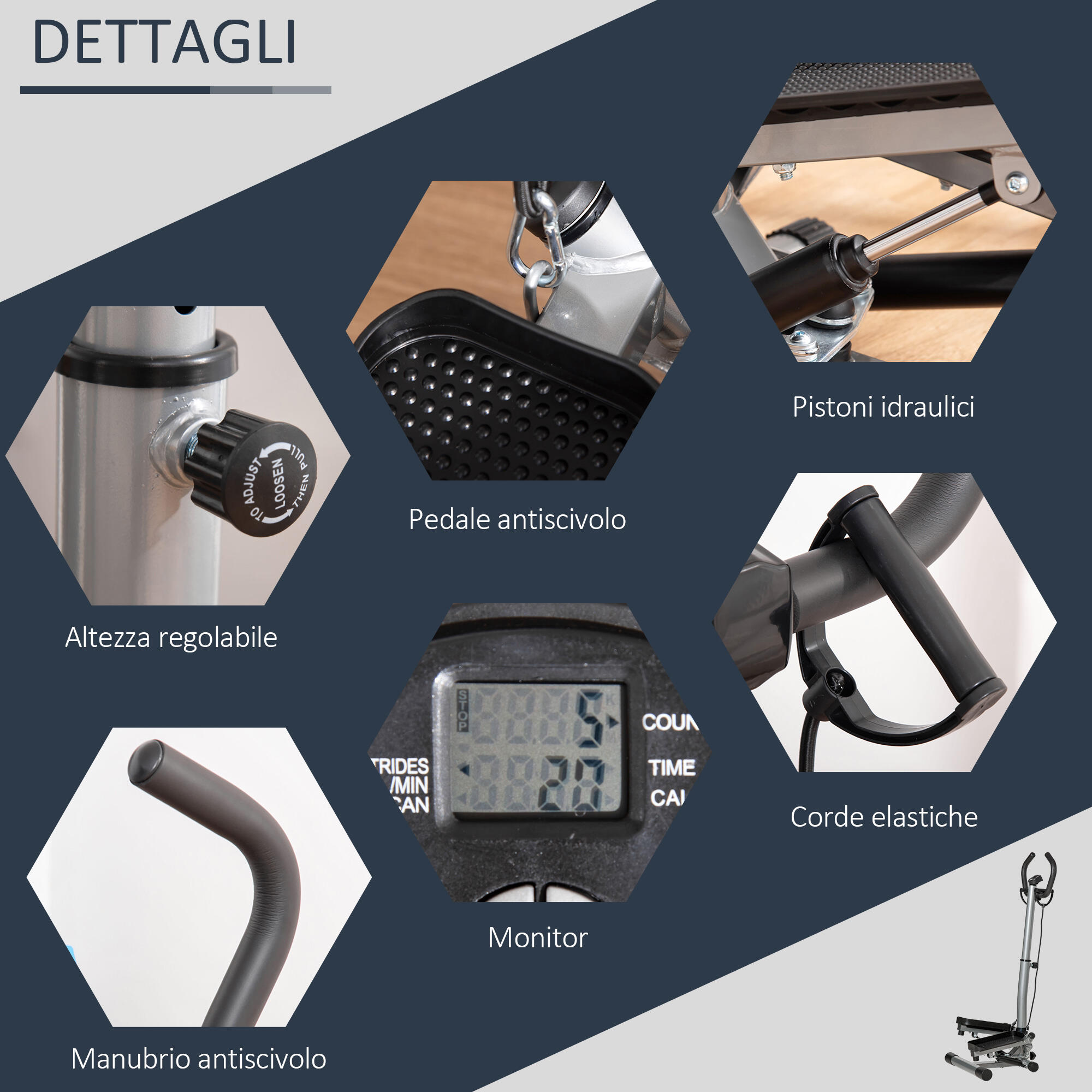 HOMCOM Step Fitness con Manubrio Altezza Regolabile Monitor LCD ed Elastici 6/8