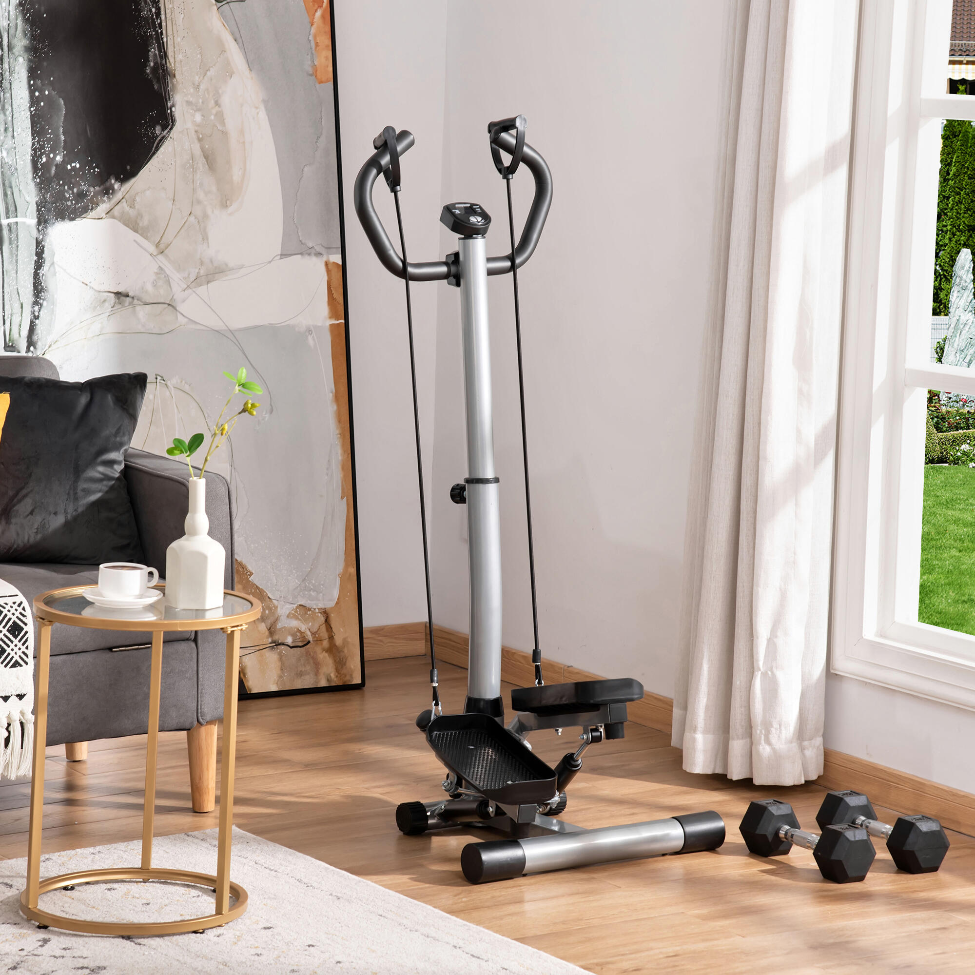 Stepper Fitness 2 In 1 Per Casa - Up-Down Swing Con Fasce Elastiche E Manubrio, LCD, Regolabile, Portata 150kg, Attrezzo Per Gambe E Braccia