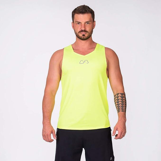 男裝背間條Logo防臭速干健身跑步運動背心 - 黃色