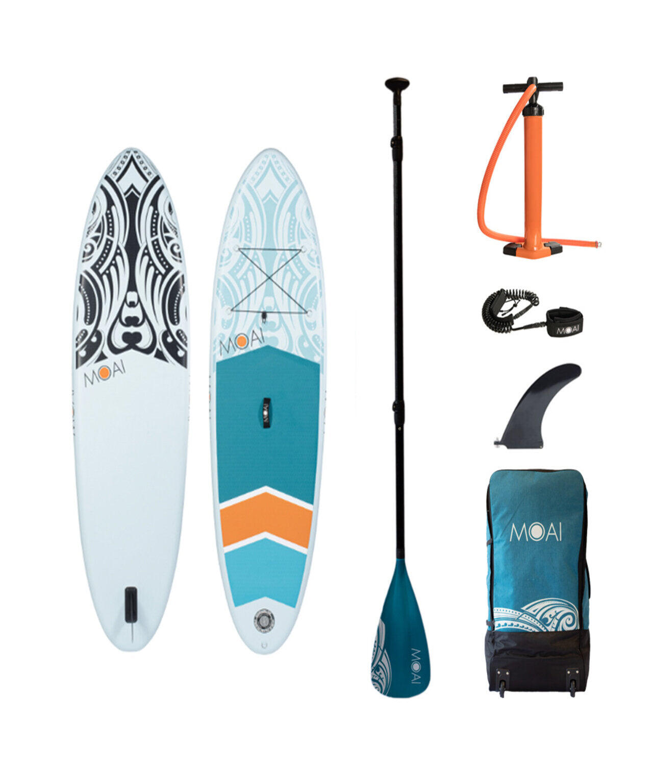 MOAI 9'5” SUP opblaasbaar board Glasvezelpeddel Wit en turquoise met print 5/7