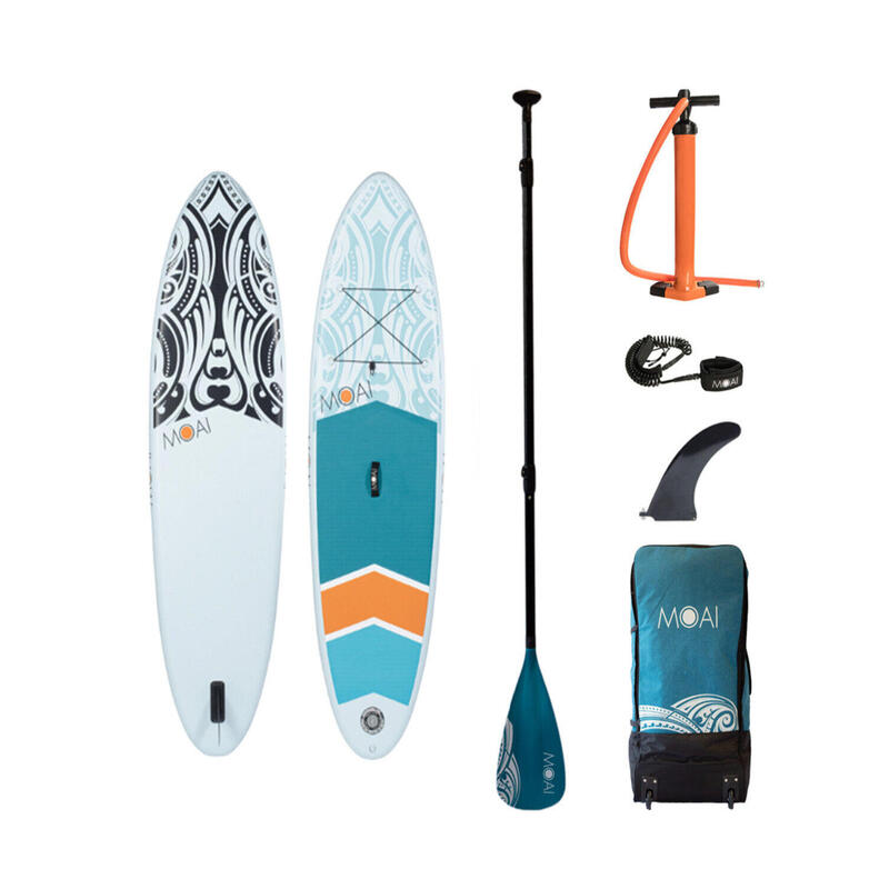 MOAI 9'5” SUP opblaasbaar board Glasvezelpeddel Wit en turquoise met print