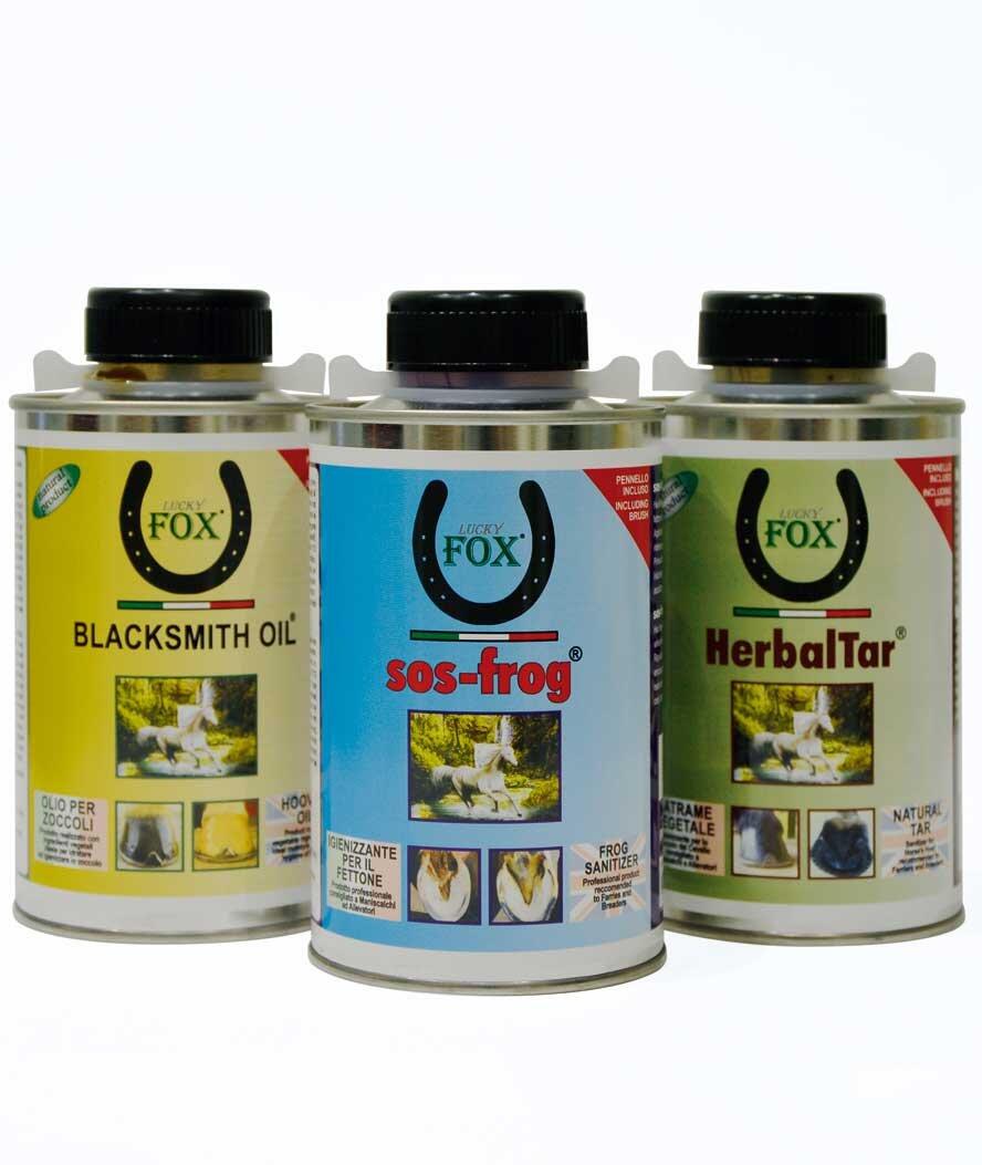 LUCKY FOX Set 3 pezzi cura dello zoccolo SOS Frog + Herbal Tar + Blacksmith Oil 500 ml pro