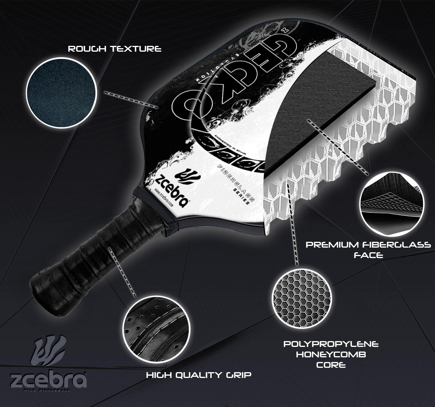 Pala de Pickleball Zcebra Zgecko Fiberglass Series WHITE 6/7