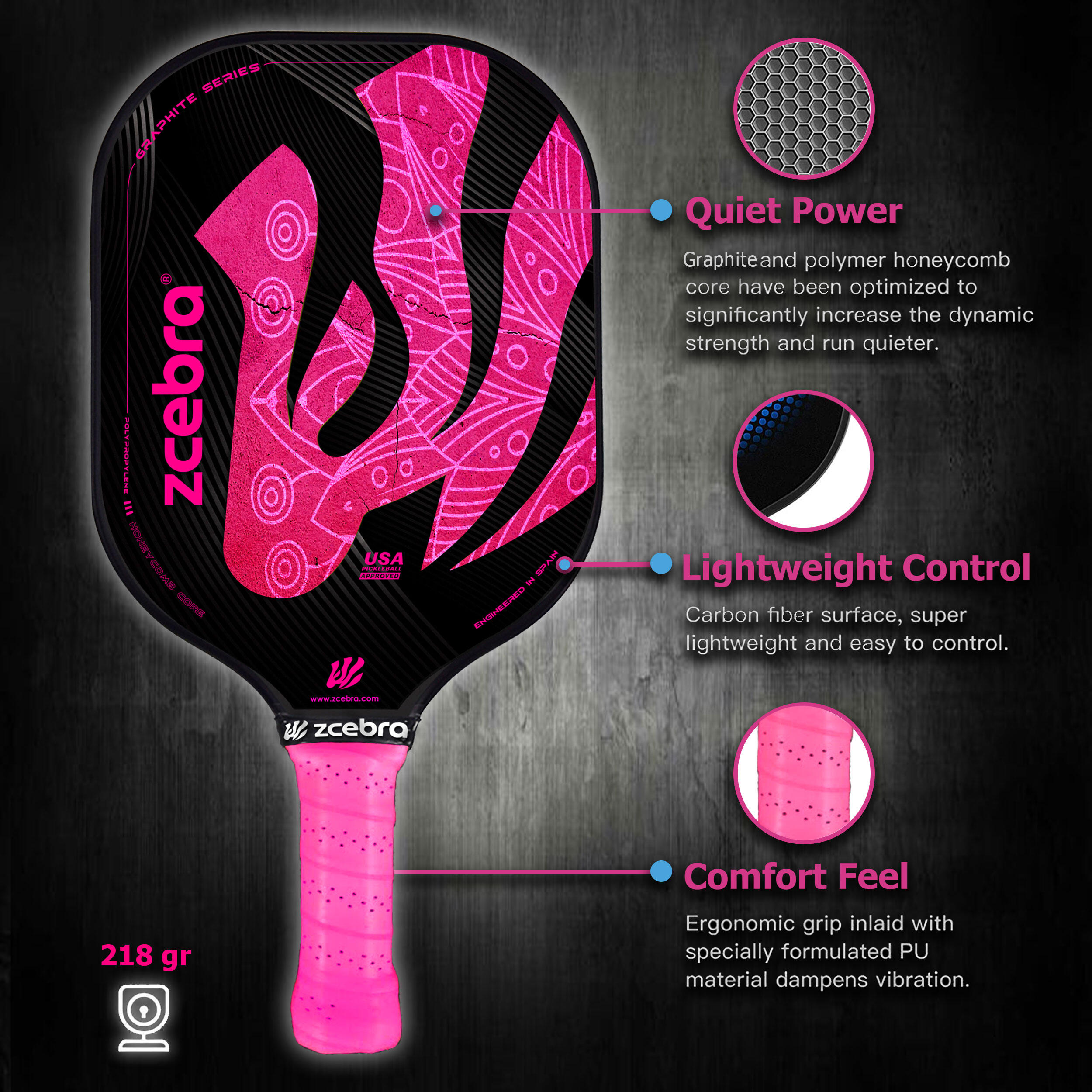 Pala di Pickleball Zcebra Serie Grafite ROSA 3/7
