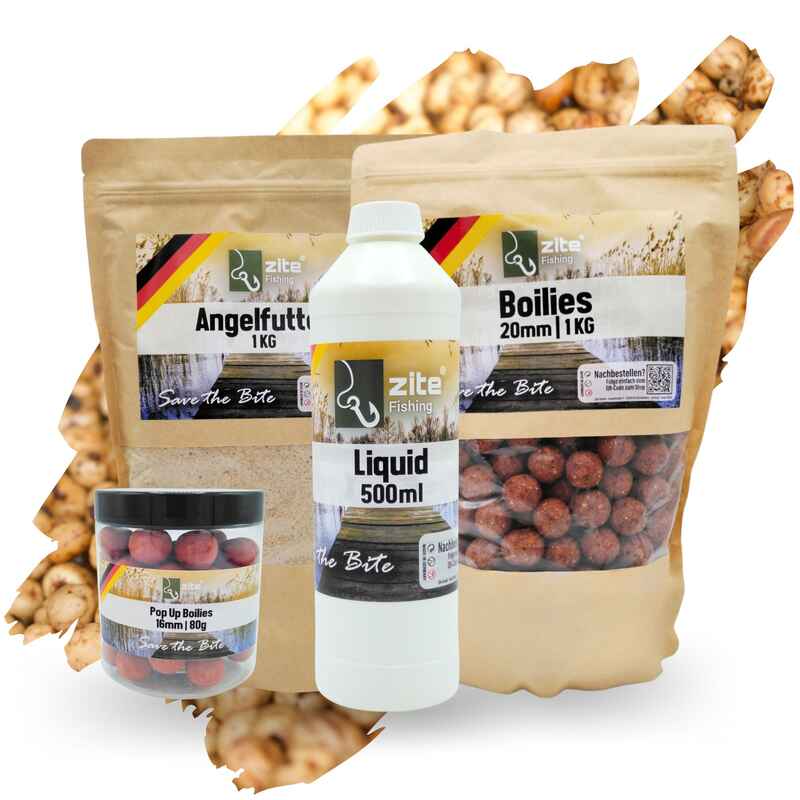 Angelfutter Set mit 16+20mm Boilies, 500ml Flüssigaroma und 1kg Grundfutter Tige