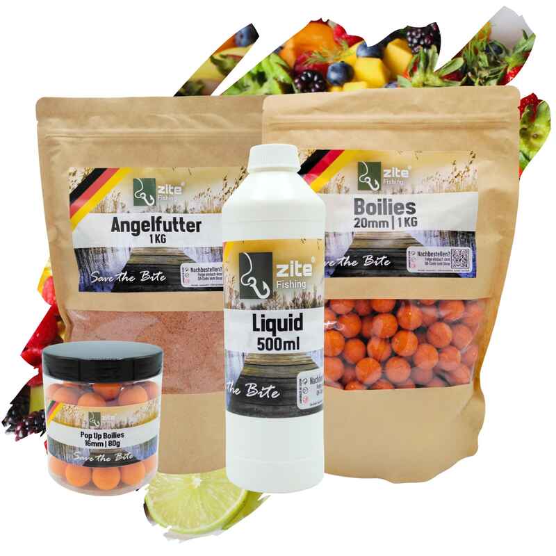 Angelfutter Set 16+20mm Boilies, 500ml Liquid und 1kg Grundfutter Tutti Frutti