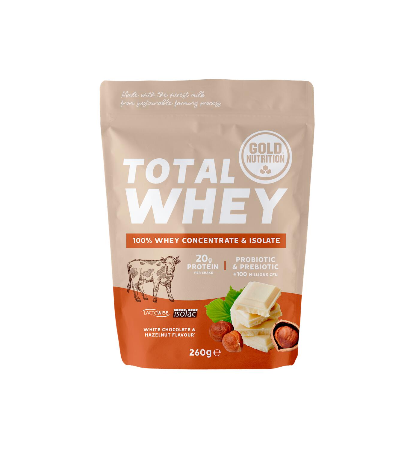 GOLD NUTRITION PROTEÍNA DE SORO ISOLADA TOTAL WHEY CHOCOLATE BRANCO-AVELÃ - 260 G