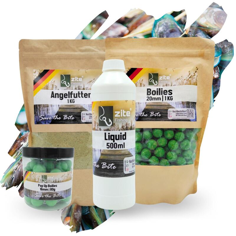 Angelfutter Set 16+20mm Boilies, 500ml Flüssigaroma und 1kg Grundfutter Muschel