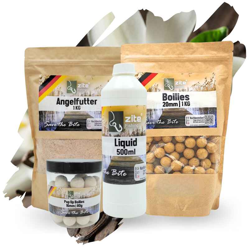 Angelfutter Set mit 16+20mm Boilies, 500ml Flüssigaroma und 1kg Grundfutter Vani