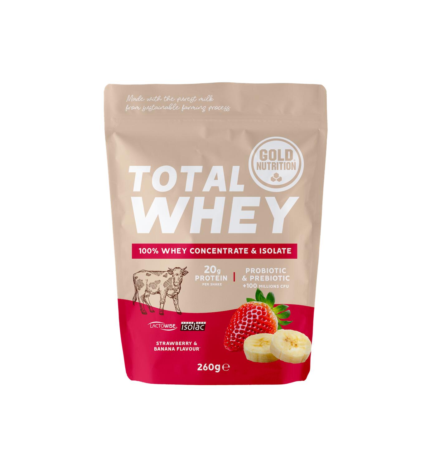GOLD NUTRITION PROTEÍNA DE SORO ISOLADA TOTAL WHEY MORANGO-BANANA - 260 G