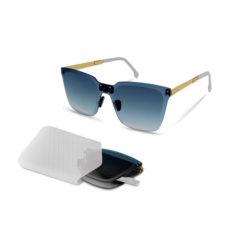 PAPER O004 Adult Unisex Folding Sunglasses - Brush Gold /  Blue Gradient