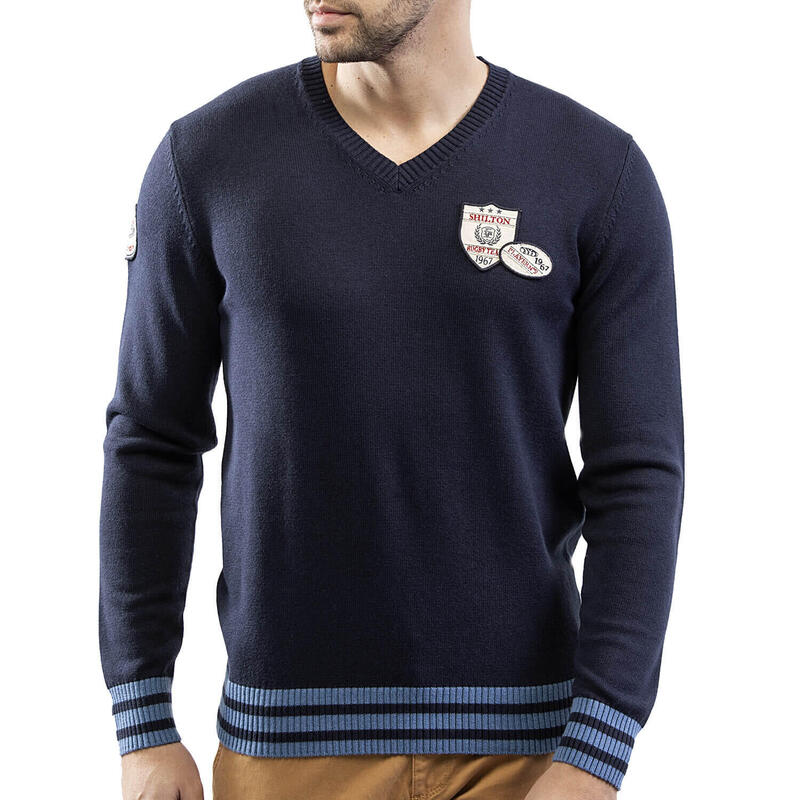 Pull col V patch coton laine homme