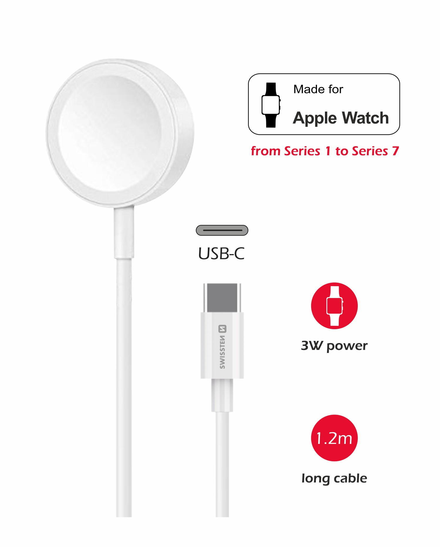 Cabo Swissten Wireless charge cable for Apple Watch USB-C 2/4