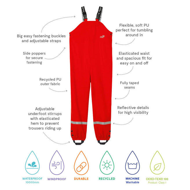 Kids Red Waterproof Dungarees Recycled 2/3