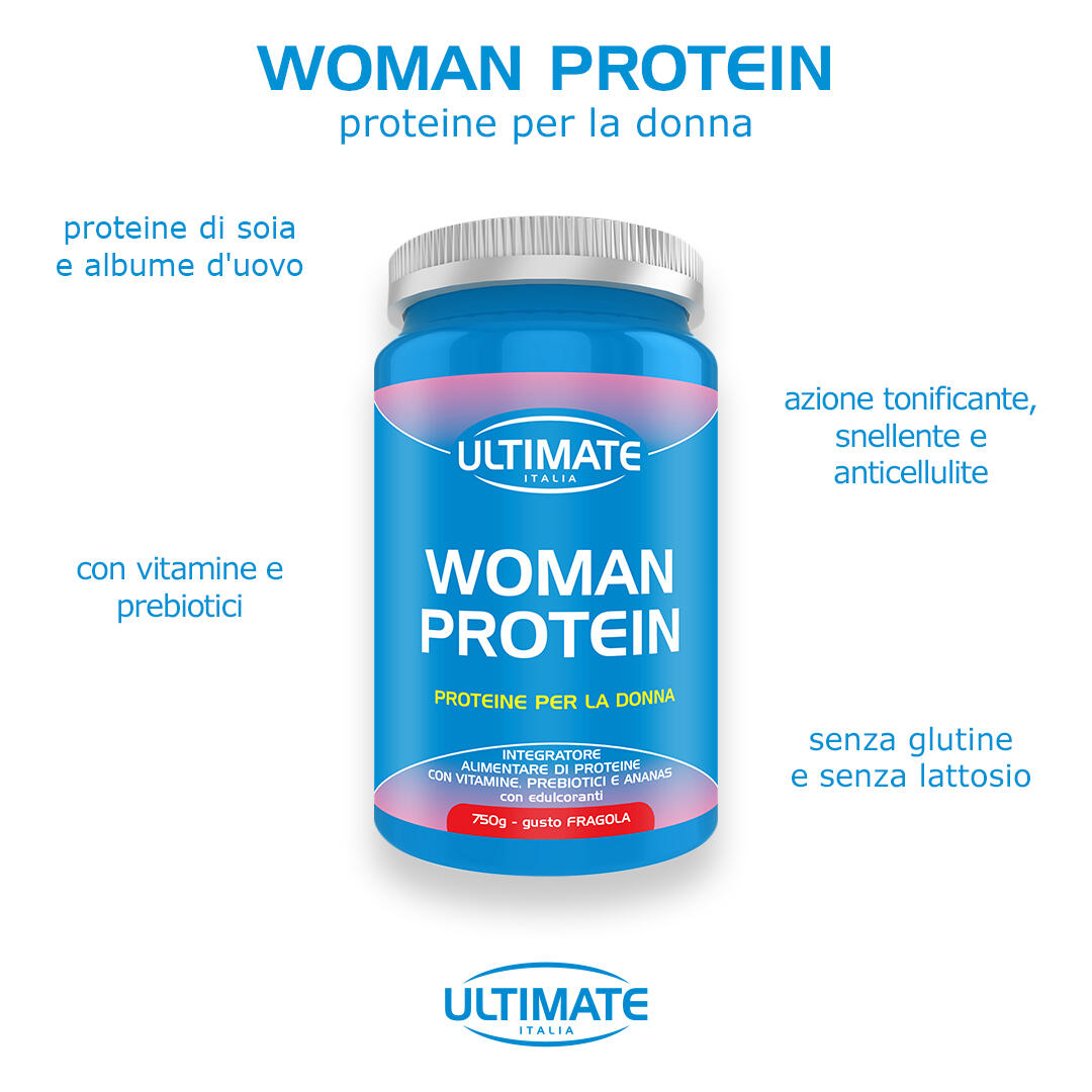 WOMAN PROTEIN FRAGOLA 750g PROTEINE PER LE DONNE CON DRENANTI E PREBIOTICI 7/7